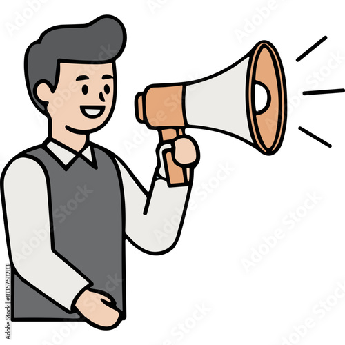 Man In Vest And White Shirt Holding Megaphone Announcing With A Smile And Grey Hair On Black Background