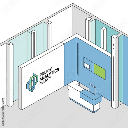 Isometric illustration of a modern office reception area or exhibition booth for a policy analytics agency.