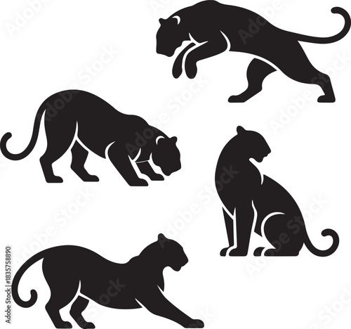 Fierce Black Panther Leopard Silhouette Set Wild Animal Poses Icon Collection for Graphic Design Projects