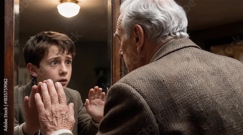 Un anciano mirándose al espejo donde ve su yo de niño