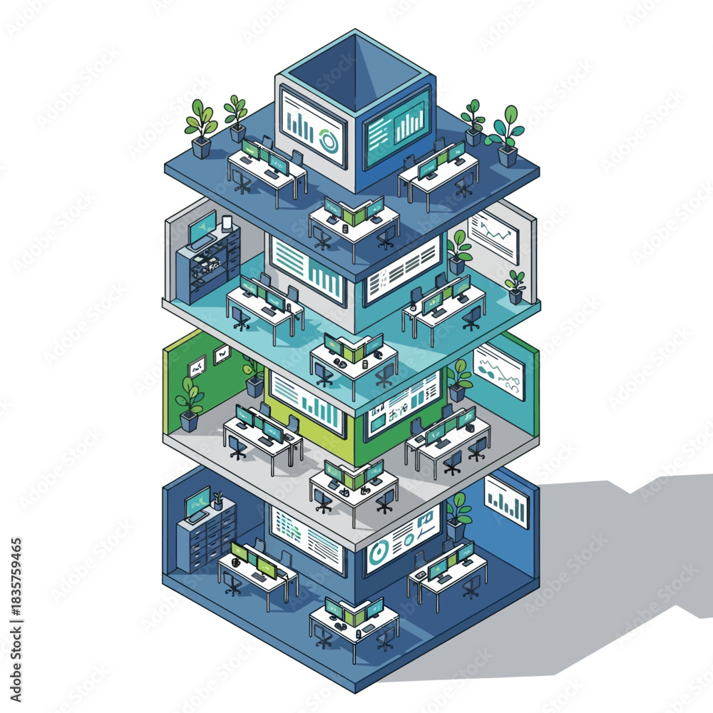 Obraz premium Isometric illustration of a multi-story modern office building with data analysis workstations and green plants.