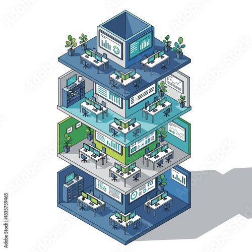 Isometric illustration of a multi-story modern office building with data analysis workstations and green plants.