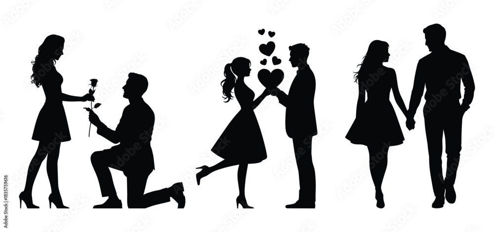 Obraz premium Romantic couple silhouette, Romantic Silhouetto of a Man Proposing to a Woman, Proposal couple silhouette, A couple holding hands and walking, romantic proposal scene, Vector illustration