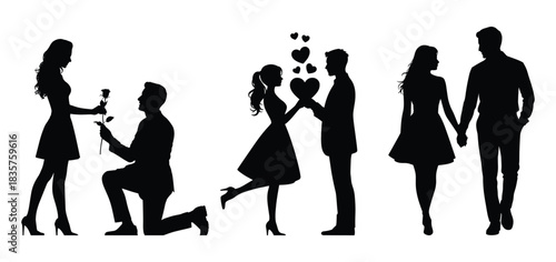 Romantic couple silhouette, Romantic Silhouetto of a Man Proposing to a Woman, Proposal couple silhouette, A couple holding hands and walking, romantic proposal scene, Vector illustration