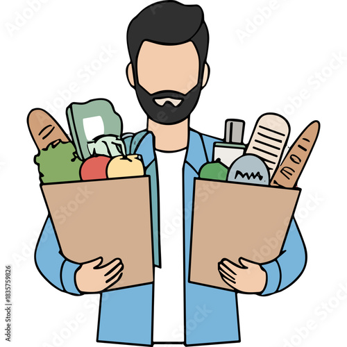 Man Holding Two Brown Paper Grocery Bags Filled With Food Items And Produce Includes Bread Fruits And Vegetables Front View Simple Flat Design