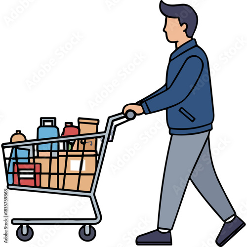 Man Pushing Shopping Cart Full of Groceries Down an Aisle in a Supermarket during the Day Wearing a Blue Jacket and Gray Pants with Various Food Items Inside the Cart