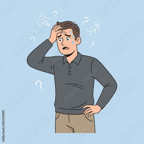 Stressed man feeling anxious and overwhelmed, standing against a light blue backdrop with question marks floating around his head, depicting mental health issues.