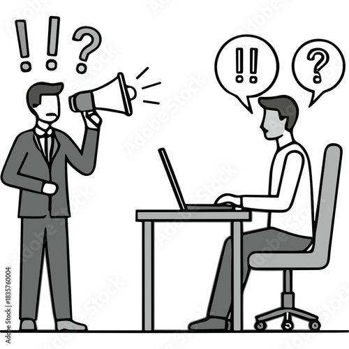 Man Shouting Through Megaphone At Colleague Working On Laptop In Office With Exclamation Marks And Question Marks Above Heads