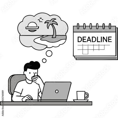 Man Sitting at Desk with Laptop Dreaming of Tropical Beach Vacation While Deadline Calendar Looms Overhead Minimalist Black and White Illustration