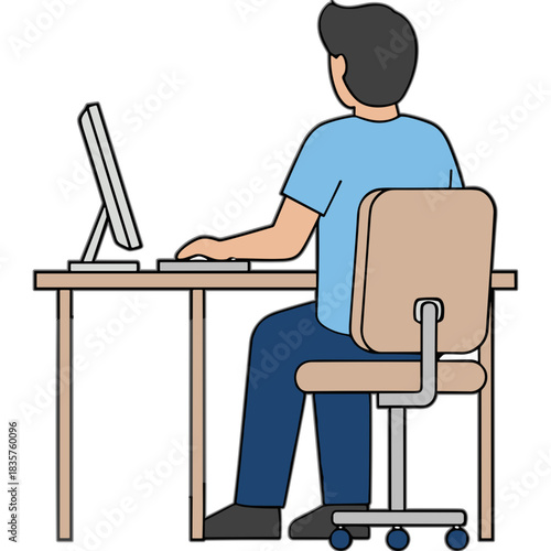 Man Sitting At Desk Working On Computer Wearing Blue Shirt And Jeans In Office Or Home Environment