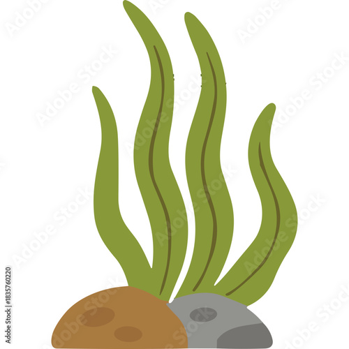 Green Seaweed Plant With Rocks On Black Background Underwater Life Element Minimalist Design