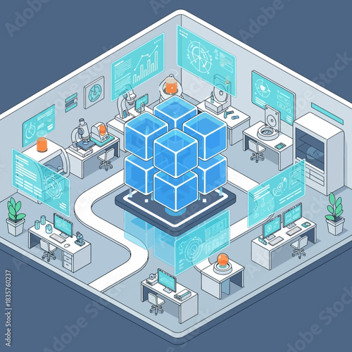 Isometric illustration of a futuristic data center or office with people working on computers connected to a central glowing data cube.