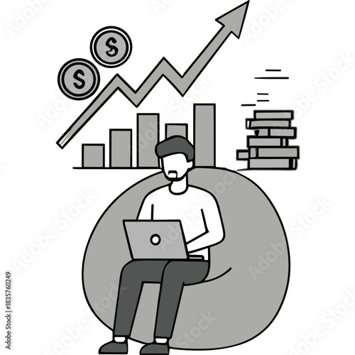 Man Sitting On A Beanbag Chair Working On A Laptop With A Business Growth Chart And Coins In The Background