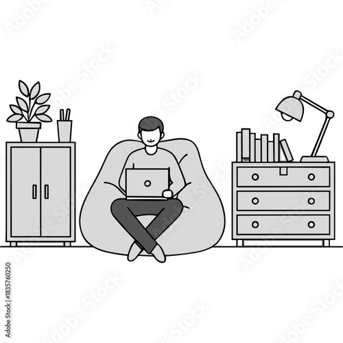 Man Sitting On A Beanbag Chair With A Laptop In A Room With Bookshelf And Cabinet Minimalist Illustration Style Black And White