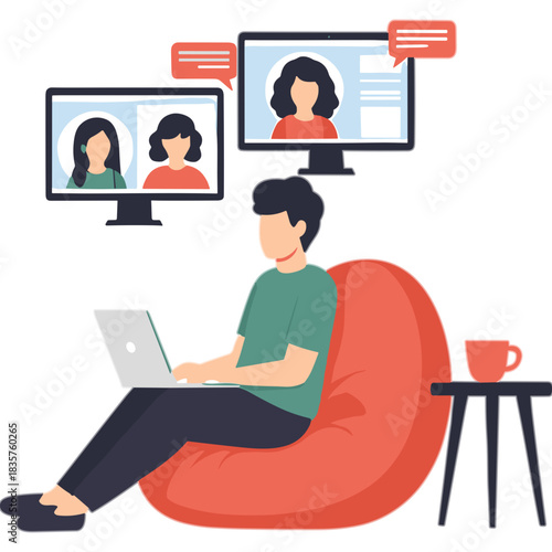 Man Sitting in a Beanbag Chair Working on a Laptop with Video Calls on Two Monitors Showing Women Discussing Online Communication Technology