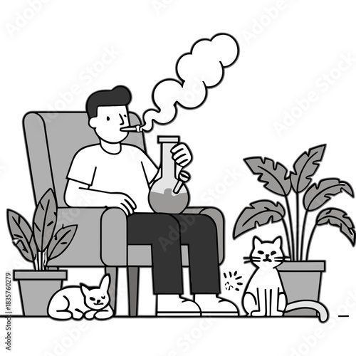 Man Sitting In Armchair Smoking From Bong With Two Cats Nearby And Potted Plants In A Cozy Interior Scene