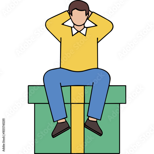 Man Sitting On A Large Green Gift Box With Yellow Ribbon Wearing A Yellow Shirt And Blue Pants In A Minimalist Style Black Background