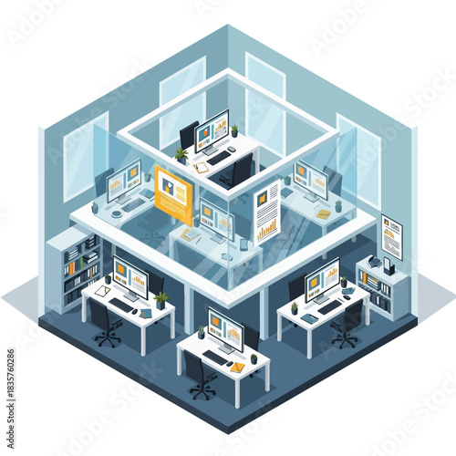 Isometric office space with desks, computers, and glass partitions.