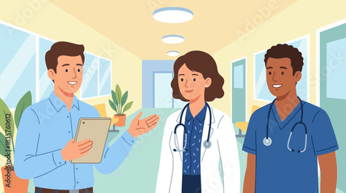 Healthcare team discussing patient care strategies in a modern clinic environment with clear communication and teamwork