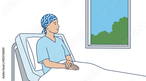 hopeful patient resting comfortably post-surgery with headscarf next to window in medical facility with transparent background