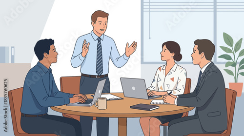 professional business meeting with diverse colleagues discussing strategies around conference table in modern office setting with natural light