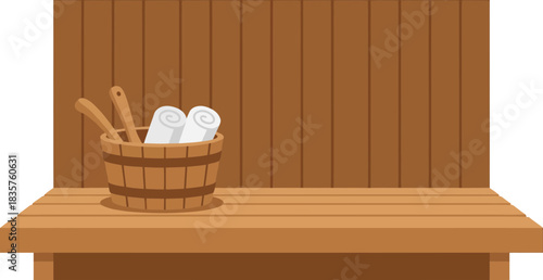 Minimalist wooden spa or sauna interior with a basket of rolled towels and wooden accessories on a smooth bench with a warm, inviting atmosphere and