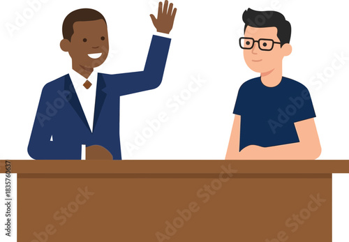 Professional interview scene with two individuals engaging in conversation, one smiling and gesturing with hand raised, minimalistic style with