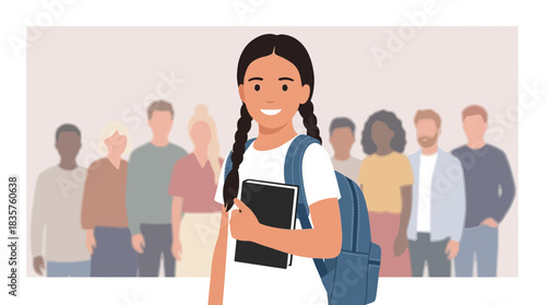 Young student girl with braids holding notebook and backpack smiling in front of diverse group of students on school campus with transparent