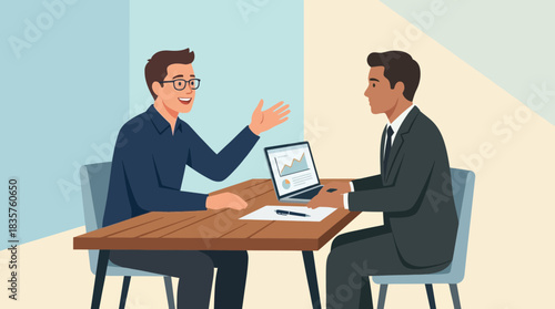 Professional Business Meeting Between Two Men Discussing Data Analytics in a Friendly Office Environment with a Transparent Background