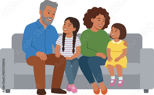 Joyful multigenerational family enjoying quality time together on a cozy sofa with smiles and cheerful conversation in a friendly home setting