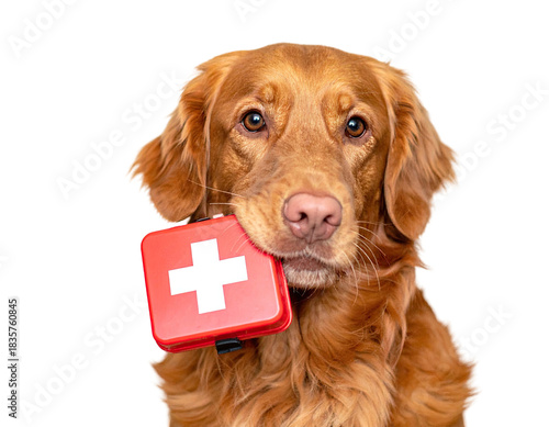 A fluffy, brown dog holds a red first aid kit with a white cross in its mouth