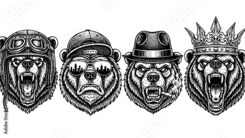 Vintage Engraving Bear Heads Vector: Biker, Hip-Hop, Gangster, and King Style Mascot Set