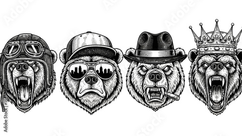 Vintage Engraving Bear Heads Vector: Biker, Hip-Hop, Gangster, and King Style Mascot Set