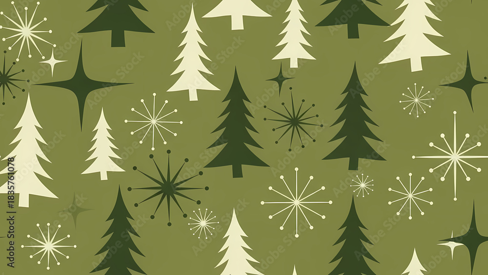 Obraz premium Retro Christmas trees paired with classic starbursts create a nostalgic holiday pattern ideal for vintage-themed winter designs, seasonal graphics, and charming festive print materials.