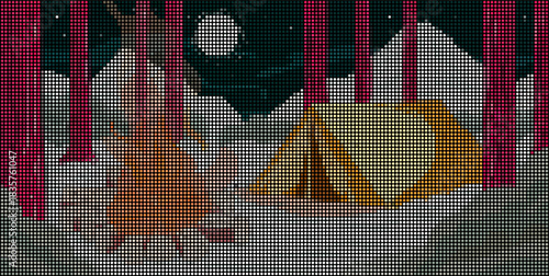 Camping under the moonlight with a tent and campfire in the snowy woods