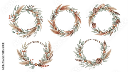 Watercolor Rustic Botanical Wreath Set with Eucalyptus, Pampas Grass, Feathers and Dried Lotus Pods
