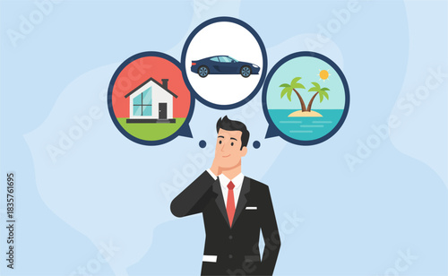 Man contemplates buying a house, car, and vacation property, showcasing financial aspirations and planning for the future with a thoughtful expression.