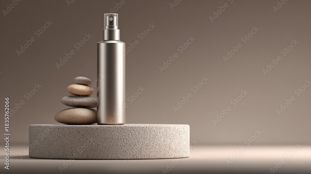Fototapeta premium Magnesium Spray Displayed on Smooth Stone Podium in a Minimalist Spa Setting With a Soft Background