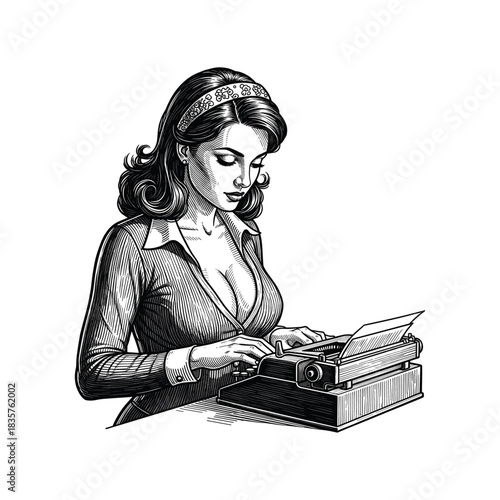 Engraving of Vintage Secretary at Work