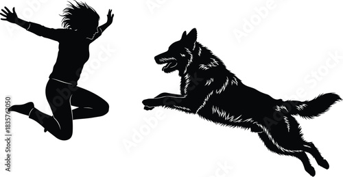 Black Silhouette of a Happy Young Woman Jumping High Next to a German Shepherd Dog Running, Active Pet and Owner Vector Illustration on White.