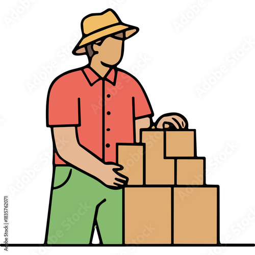 Man Wearing A Straw Hat And Red Shirt Holding Cardboard Boxes In A Warehouse With A Stack Of Packages Ready For Delivery And Shipment
