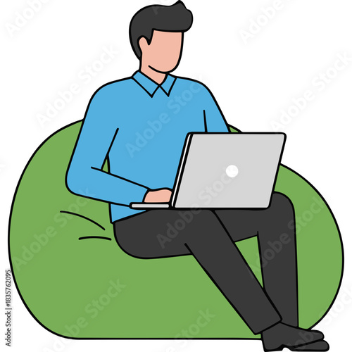 Man Wearing Blue Collared Shirt and Black Pants Sitting on a Green Beanbag Chair Using a Silver Laptop Computer