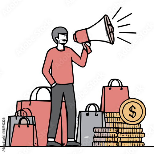 Man With Megaphone Announcing Sales Surrounded by Shopping Bags and Coins on Black Background