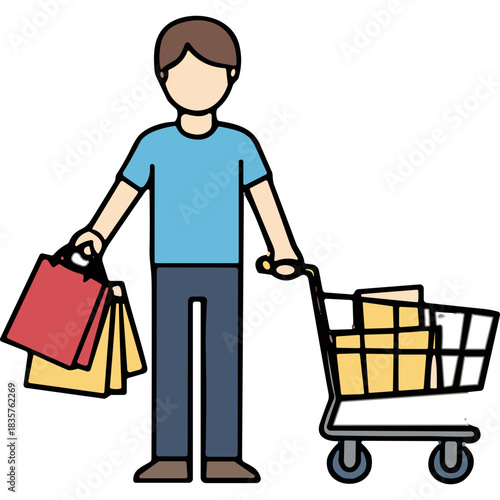 Man With Shopping Cart Full of Boxes and Several Shopping Bags in Blue Shirt and Dark Pants Isolated on Black Background