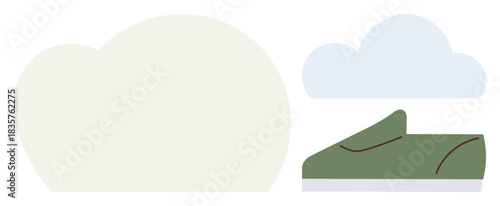 Green slip-on sneaker with white sole set against abstract beige and blue cloud shapes. Ideal for fashion, simplicity, modernity, minimalism, footwear, lifestyle, eco-friendliness. A simple flat