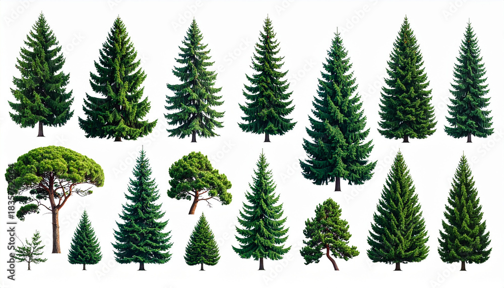 Obraz premium Various types of green pine and fir trees isolated on white background, showcasing different shapes and sizes with lush foliage and natural beauty