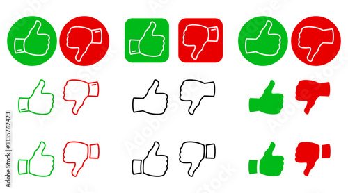 Set of thumbs up and thumbs down icons. Like and dislike symbols for feedback, approval or rejection. Yes or no, good or bad choice signs. Vector illustration.
