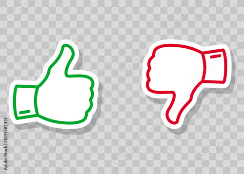 Do and Don't symbols. Thumbs up and thumbs down icons. Like and dislike emblems set. Approval and disapproval vector illustration, suitable for stickers and web use.
