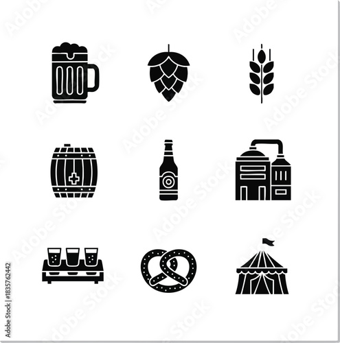 A collection of nine black glyph icons representing elements of brewing and beer consumption
