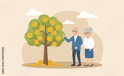 Senior couple admiring money tree in their garden, symbolizing financial security and retirement savings, creating a sense of hope and prosperity.